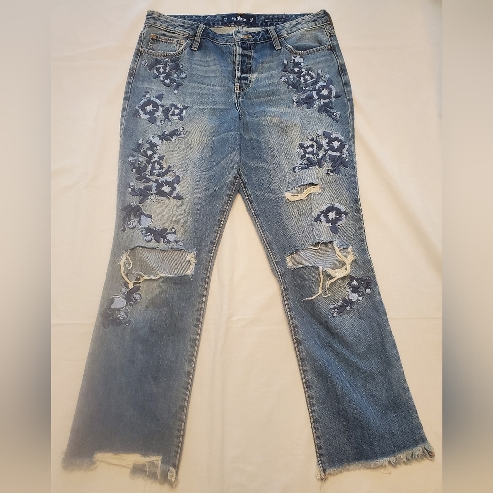 Hollister Juniors Sz 11R High Rise Vintage Straight Embroidered Jeans Button Fly